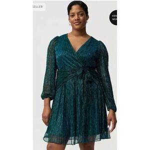Torrid Green Metallic Surplice Tie Waist Mini Dress Long Sleeve‎ Plus Size 3